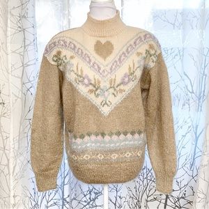 Vintage studio Michelle Stuart Brown cream heart flower turtleneck knit sweater